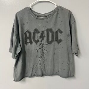 AC/DC Graphic T-Shirt Womens Large Gray Cropped Raw Hem Boxy Cotton Rock Band
